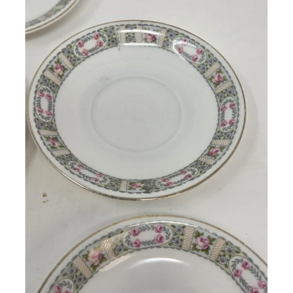 KPM Krister Germany Porcelain Saucer Set 5 Pink Rose Garland Gold Trim Antique